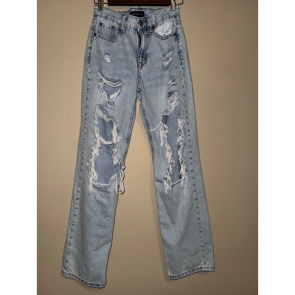 Aeropostale 90s Baggy Jeans Women 0 Light Wash Distressed High‎ Rise Denim Y2K